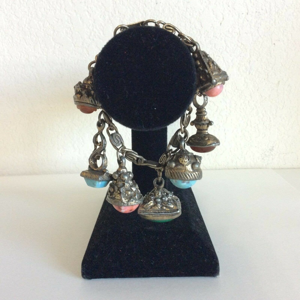 Vintage Chunky Fob Charm Bracelet Ornate Stones - Picture 8 of 9